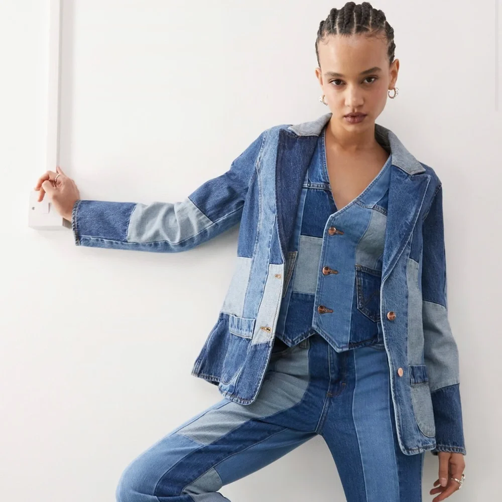 Wrangler x Lainey W Patchwork Denim Blazer Jacket • Rare Collab • Size Large - Picture 5 of 15